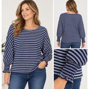 Fred David Women’s L Navy Blue White Striped Knit Sweater Dolman Sleeve Smocked